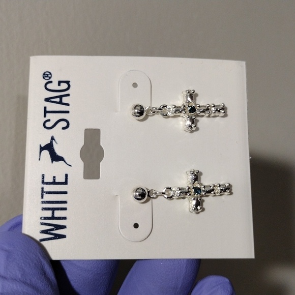 Women's Polished Silver-tone Green Crystal Cross Design Drop Earrings, 1-inch - Picture 3 of 5